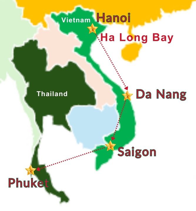 Map of SE Asia trip comprises of Vietnam and Phuket
