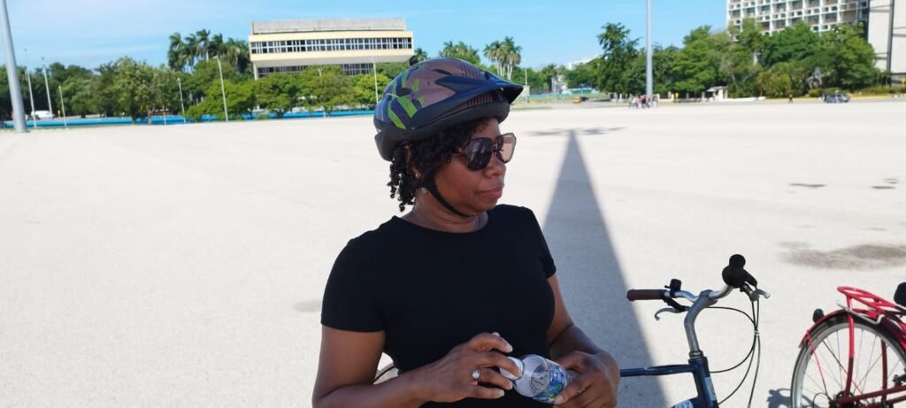 Denise, re-hydrating on the Havana bike tour