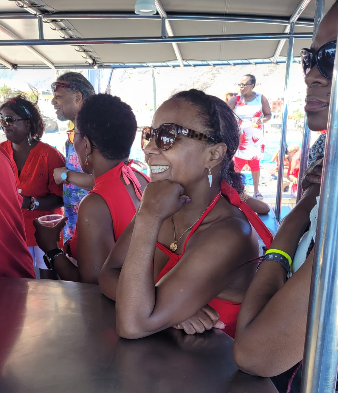 Anita and SALSOGA guests at the bar