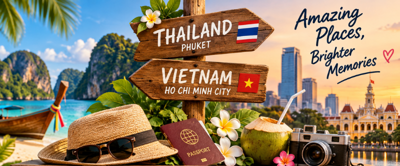 Travel collage with signposts for Thailand and Vietnam on a sunny tropical beach, plus a hat, passport, coconut drink, camera, flowers, and distant city skyline.